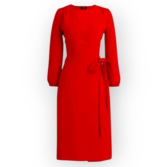 NWOT J. Crew Red Wrap Tie Front Dress with Bishop Sleeves Sz 8 - Picture 2 of 11